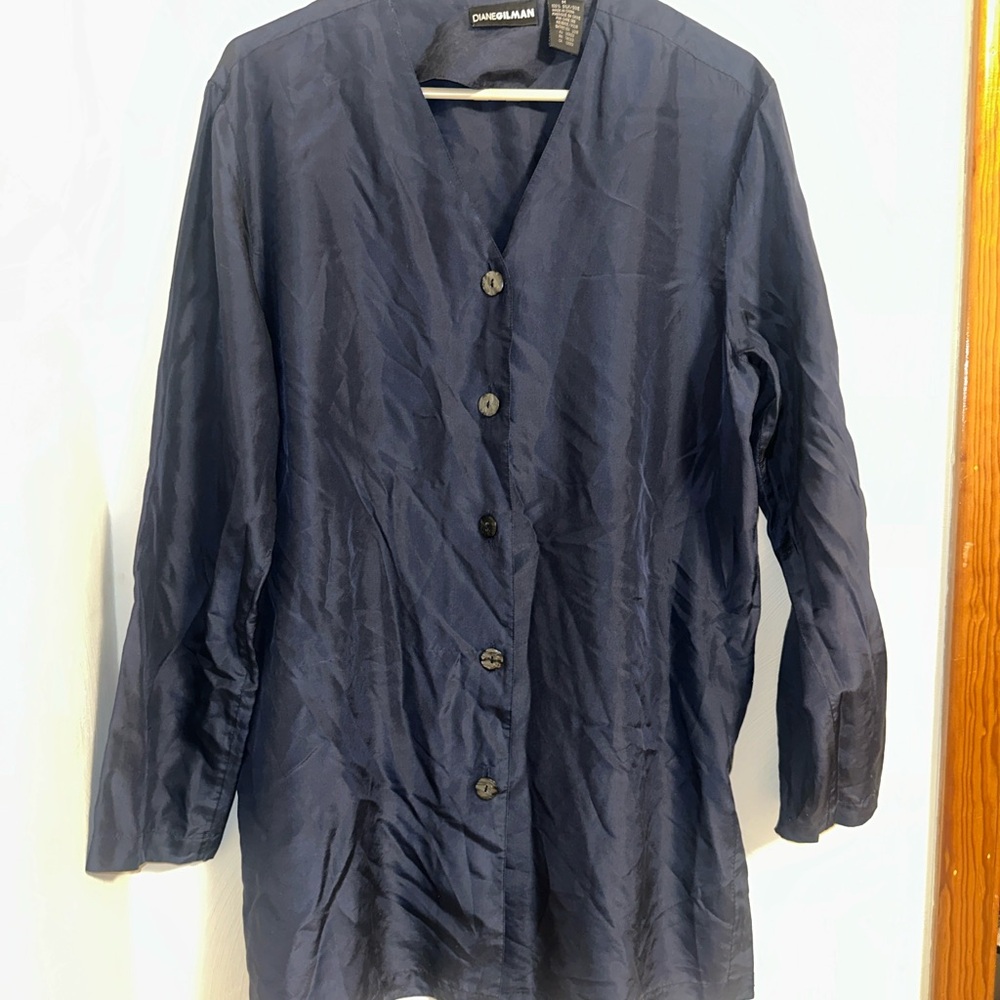 Diane Gilman 100% Silk Navy Button-Up Blouse